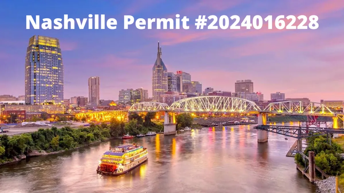 A sweeping view of the Nashville skyline at sunset, with a riverboat gliding along the water and city bridges in the background. Reflections shimmer on the river, hinting at the city’s lively nightlife and cultural scene.