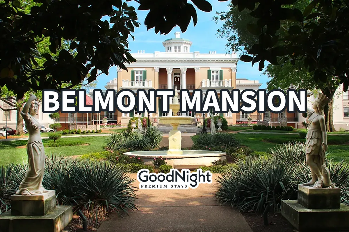 The stately Belmont Mansion framed by a fountain, elegant statues, and manicured gardens. The image evokes leisurely strolls and a sense of serenity within the neighborhood’s historic green spaces.